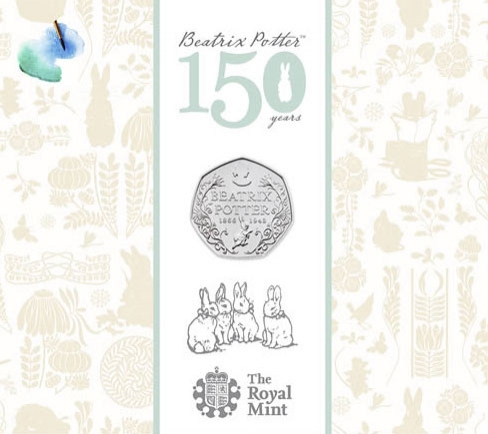 50 Pence 2016, Sp# H33, United Kingdom (Great Britain), Elizabeth II, Beatrix Potter’s The Tale of Peter Rabbit, 150th Anniversary of Birth of Beatrix Potter, Fold-out packaging inspired by Beatrix’s illustrations