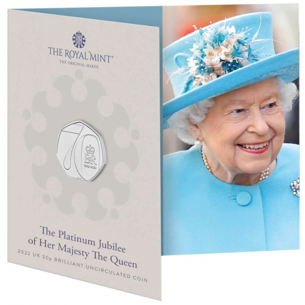 50 Pence 2022, Sp# H103, United Kingdom (Great Britain), Elizabeth II, 70th Anniversary of the Accession of Elizabeth II to the Throne, Platinum Jubilee, Fold-out packaging