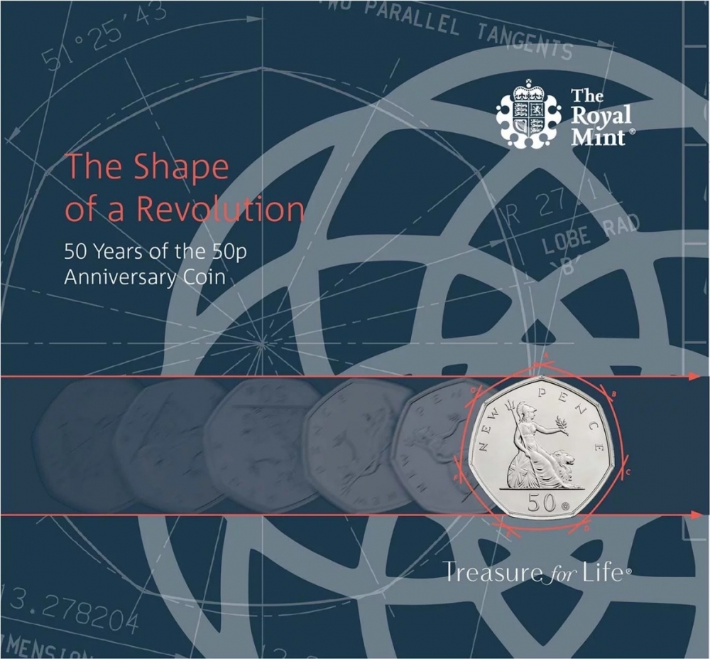 50 Pence 2019, Sp# H62A, United Kingdom (Great Britain), Elizabeth II, Celebrating 50 Years of the 50p, The Shape of a Revolution, Fold-out packaging
