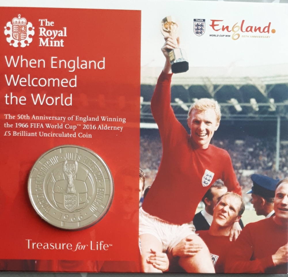 5 Pounds 2016, KM# 251, Alderney, Elizabeth II, 50th Anniversary of Engand Winning the 1966 Football (Soccer) World Cup, Folder