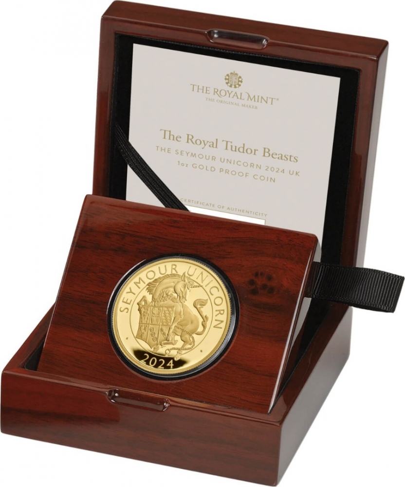 100 Pounds 2024, United Kingdom (Great Britain), Charles III, Royal Tudor Beasts, Seymour Unicorn, Box with a certificate of authenticity