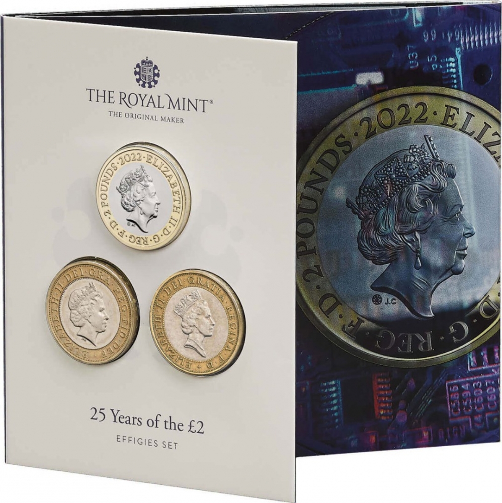 2 Pounds 2022, United Kingdom (Great Britain), Elizabeth II, 25th Anniversary of the £2 Range, 3 coin effigies set