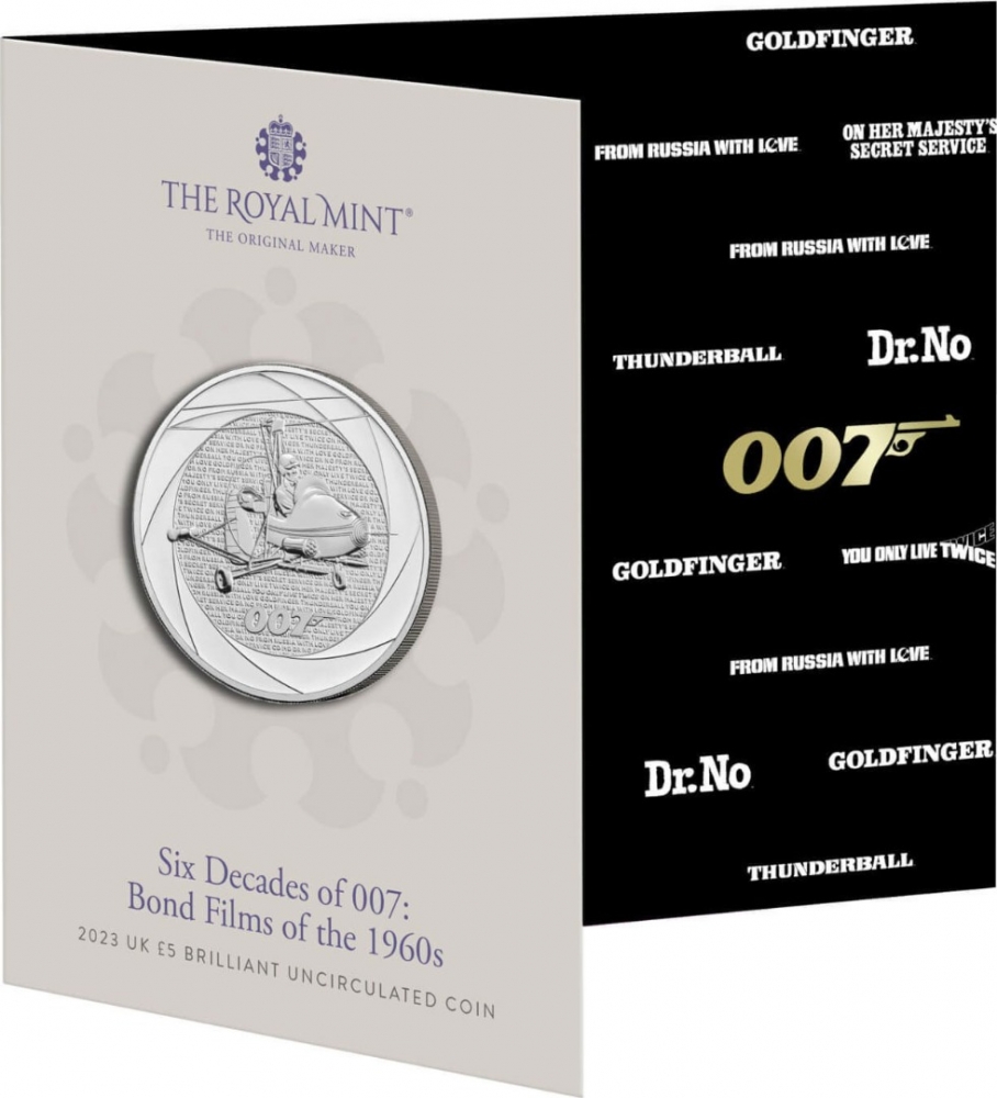 5 Pounds 2023, United Kingdom (Great Britain), Charles III, Six Decades of 007, Bond Films of the 1960s, Fold-out packaging