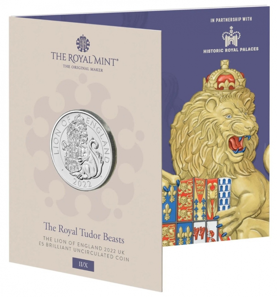5 Pounds 2022, Sp# TBCCA2, United Kingdom (Great Britain), Elizabeth II, Royal Tudor Beasts, Lion of England, Specially designed packaging