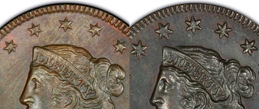 1 Cent 1816-1839, KM# 45, United States of America (USA), 1835: small stars (left), large stars (right)