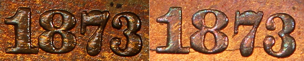 1 Cent 1864-1909, KM# 90a, United States of America (USA), 1873: open 3 (left), closed 3 (right)