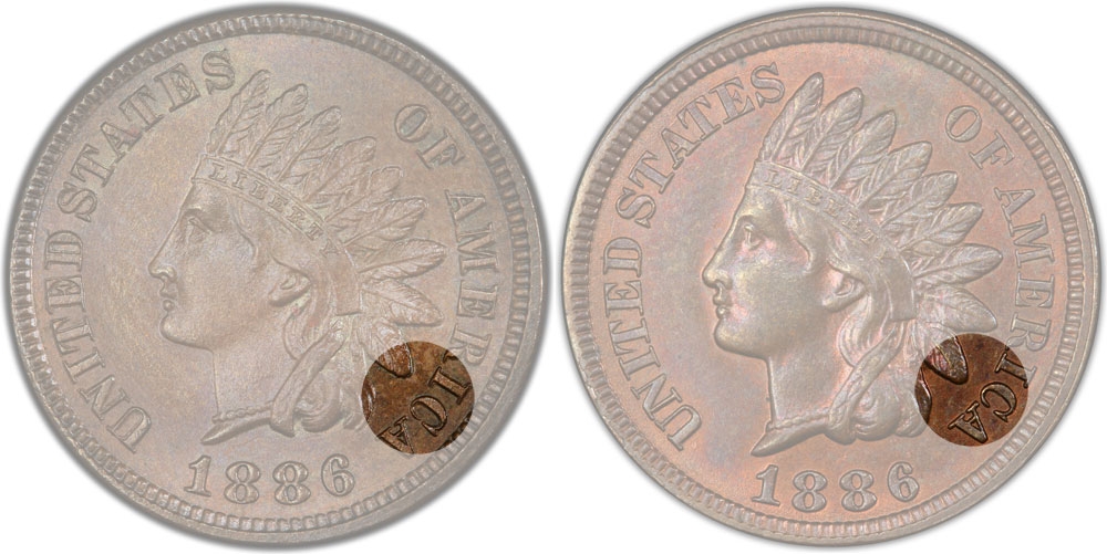 1 Cent 1864-1909, KM# 90a, United States of America (USA), 1886: Type 1 (feather points to IC, left), Type 1 (feather points to CA, right)