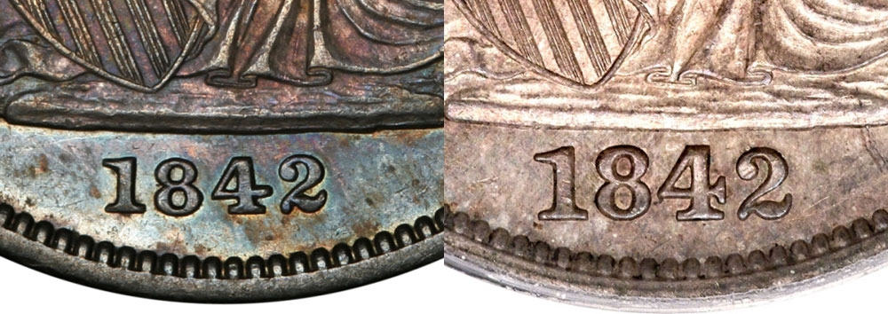 1/2 Dollar 1839-1853, KM# 68, United States of America (USA), 1842: small date (left), medium date (right)