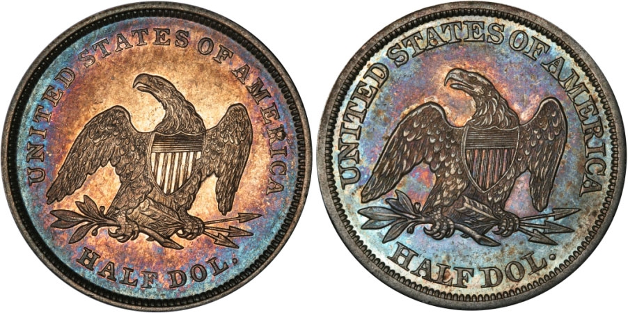 1/2 Dollar 1839-1853, KM# 68, United States of America (USA), Philadelphia Mint: reverse of 1839 (left), reverse of 1842 (right)