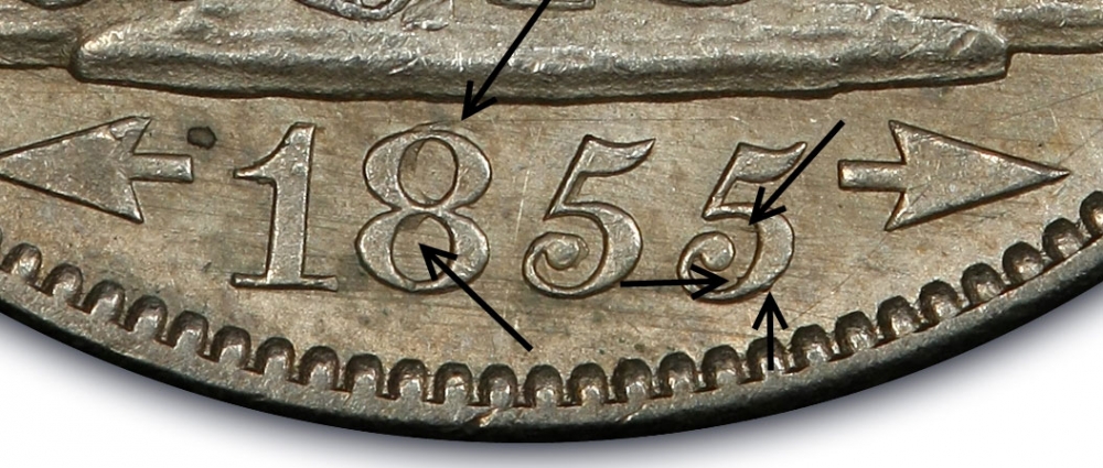1/2 Dollar 1854-1855, KM# 82, United States of America (USA), 1855/54, Philadelphia Mint: ovrdate