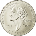 1 Dollar 1993, KM# 249, United States of America (USA), 250th Anniversary of Birth of Thomas Jefferson