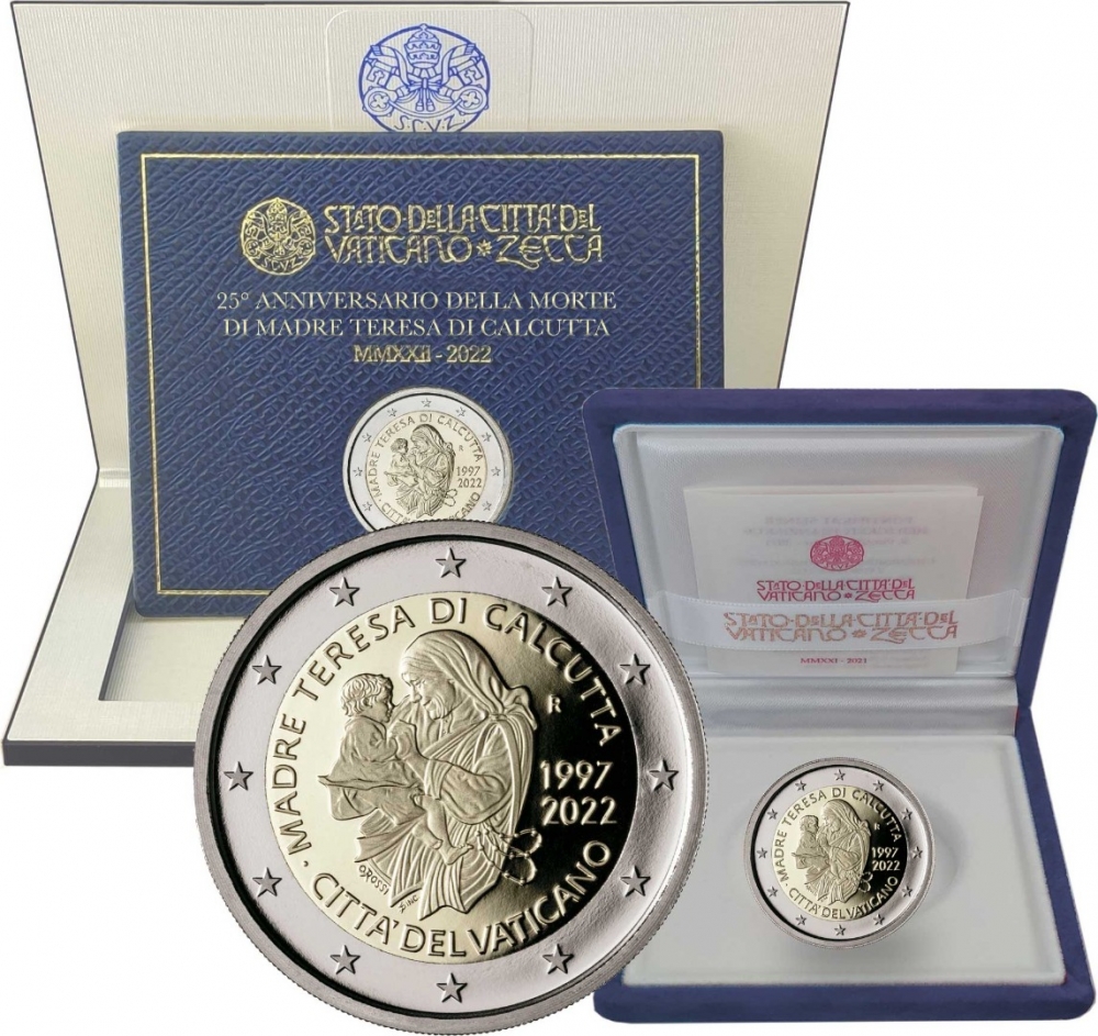 2 Euro 2022, KM# 557, Vatican City, Pope Francis, 25th Anniversary of Death of Mother Teresa of Calcutta, Proof box and BU coincard