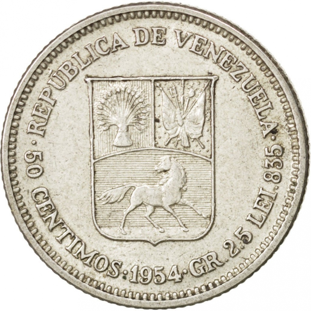 50 Centimos 1954, Y# 36, Venezuela